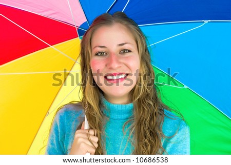 gorgeous lady with large colorful umbrella