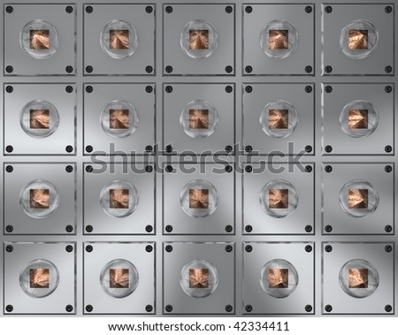 Abstract metallic paneling background with glass globes over unknown metallic circuit.