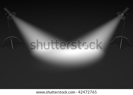 a pair of small spotlights on stands shining on a stage