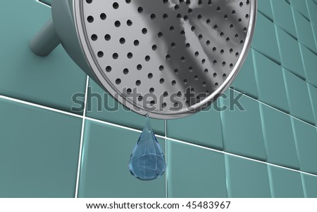 A close up shot of a single drop of water dripping from a shower head.