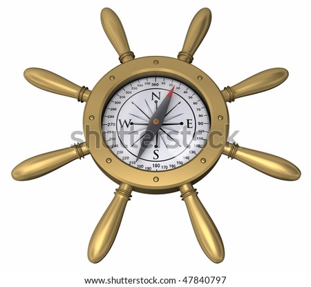 A brass compass in the form of a ships wheel isolated on white.