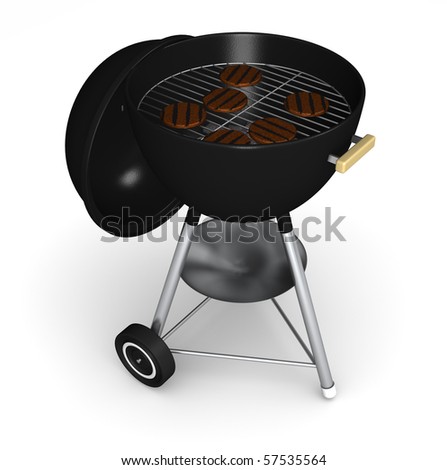 A portable barbecue grill with burgers grilling. Isolated on white