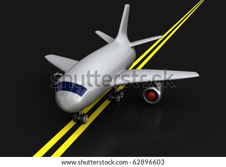 A 3D toy plane on a dark black runway. Plane was rendered in 3D software.