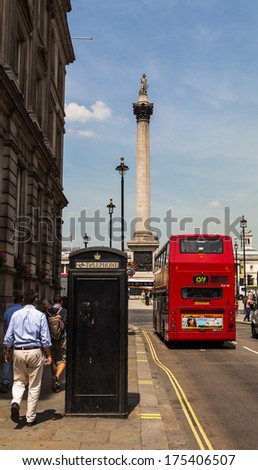 London, UK, July 10, the street in front of Trafalgar Square, Nelson\'s Column in the soil, July 10.2013 in London