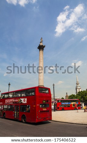 London, UK, July 10, the street in front of Trafalgar Square, Nelson\'s Column in the soil, July 10.2013 in London