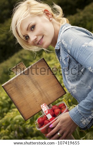 Attractive blonde woman holding up large a ripe red strawberry in her fingers from a punnet full that she is holding outdoors in sunshine