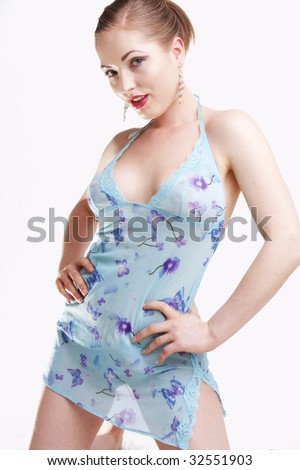 stock photo Thin model in blue see through underwear on white background