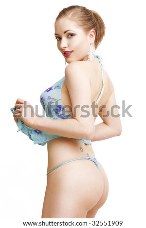 stock photo Thin model in blue see through underwear on white background
