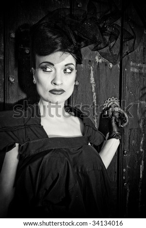 Lovely woman retro widow portrait black and white