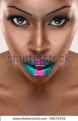  beautiful African woman with long false eyelashes and colorfull lips