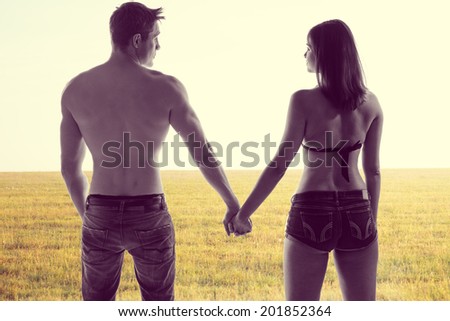 Atmospheric conceptual image of the silhouettes of a romantic young couple holding hands standing with their backs to the camera in a field