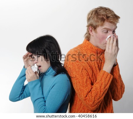 Sick flu man and woman, sneeze on each other, A(H1N1), on the grey background
