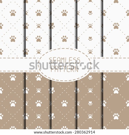 Set of seamless pattern with animal footprints, cat, dog. Wrapping paper. Paper for scrapbook. Tiling. Vector illustration traces with paw prints. Background. Graphic texture for design.