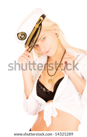 stock photo Young sexy blonde girl in sailor cap isolated on white 