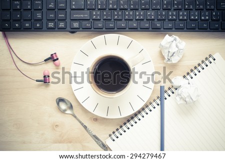 Office table with notepad, computer, coffee cup , computer mouse , pen, headphone. View from above with copy space