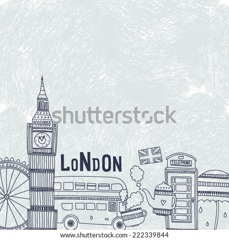 Vector London background with tourism attractions and symbols. Big ben, bus, tea,cup, flag, telephone and  umbrella