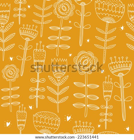 Flower yellow background, vector illustration hand drawn with love, seamless pattern