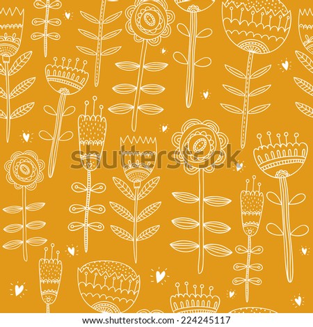 Flower yellow background, illustration hand drawn with love, seamless pattern