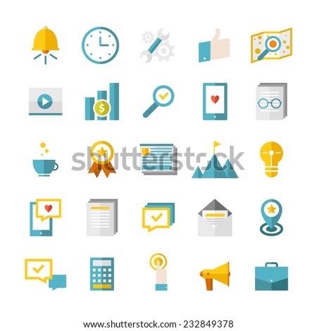 Modern flat business icons vector collection. Web design objects, SEO, business, office and marketing items. Isolated on white background