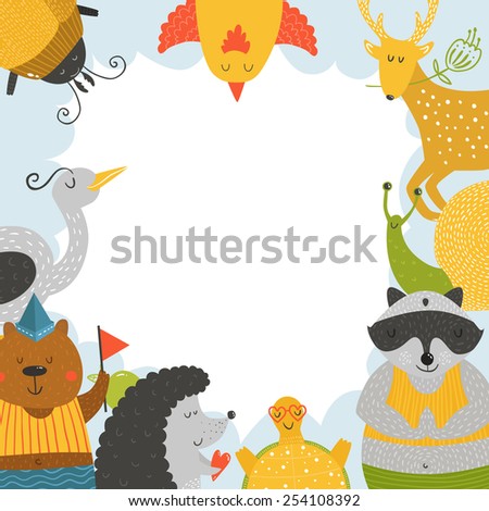 Cute animal frame with baby animals bear, bird, raccoon, beetle, hedgehog, tortoise,  snail and deer. Animal border, animal postcard with love