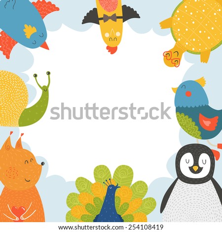 Cute animal frame with baby animals bird, penguin, squirrel, tortoise,  snail and peacock. Animal border, animal postcard with love