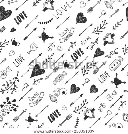 Love background with vintage romantic elements, heart, arrow, lettering, tattoo, flower, tea and sweet, Hand drawn retro pattern