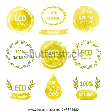 Set of hand drawn watercolor eco labels floral wreaths ribbon tags frames and borders drop template for design Eco friendly natural product Set of hand drawn watercolor eco labels floral wreaths ribbon tags frames and borders drop template for design Eco friendly natural product