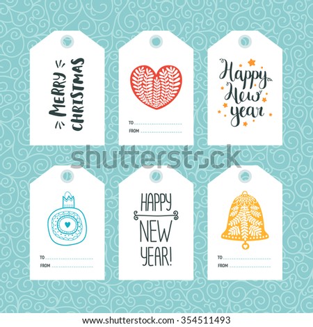 Set of Christmas and New year tags with hand drawn lettering and holiday decoration elements. Xmas gift tags on winter background