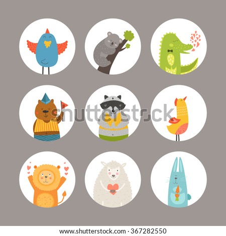 Set of Cartoon animals, cute baby animals. Vector animal, bird, koala, bear, lion, rabbit, bunny, sheep, crocodile, raccoon