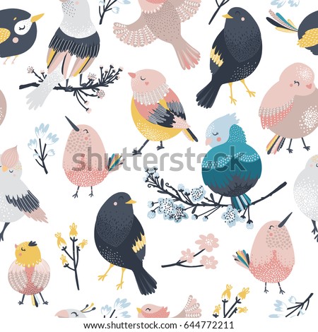 Birds and flowers, animal pattern. Vector cute background