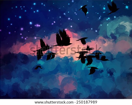 Birds on fantastic sky brush strokes background. Raster version