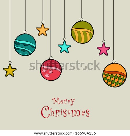 stars and hanging Christmas balls for Merry Christmas Festival holiday card Background Design.Eps10