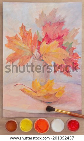 Still life with autumn leaves. Sketch in gouache, paintbrush and cans of paint