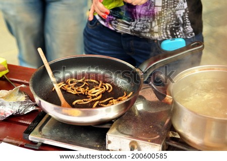 Fried mealworms on the pan on a market