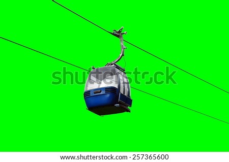 Blue cable car isolated on green screen.