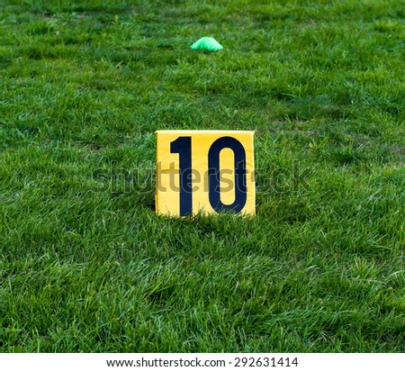 A yellow sign with a number ten on the green lawn