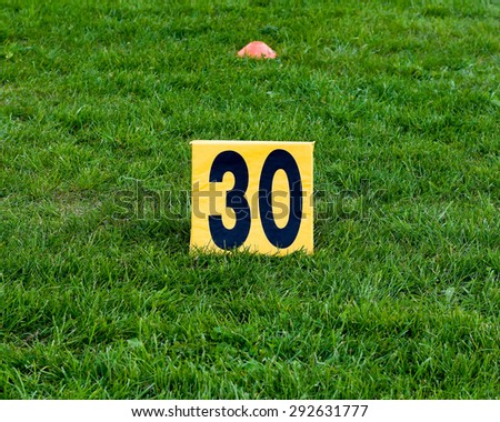 A yellow sign with a number thirty on the green lawn