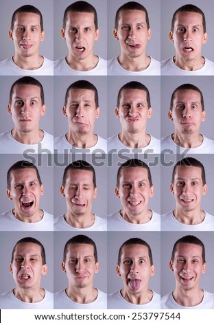 Young man making different facial expressions/Facial expressions