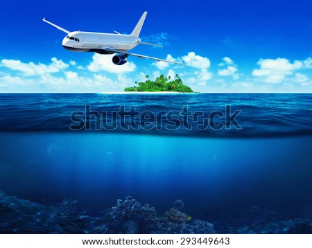 Airplane flying above tropical sea with island. Underwater view.