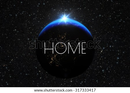 Planet earth with sunrise. Text label Home