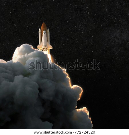 Spaceship rocket and starry sky. spacecraft flies into space with clouds of smoke