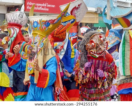 LOEI ,THAILAND-Feb 2 : Demo Festival (Phi Ta Khon) is a type of masked procession celebrated on Buddhist merit- making holiday  at Dog Faay Ban Festival Loei province,Feb2 ,2015