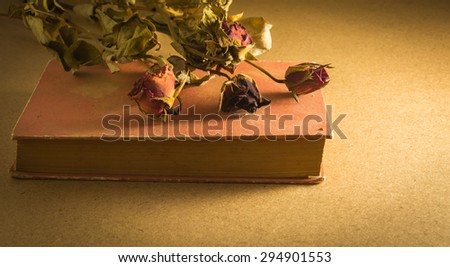 Vintage still life with old roses on old book wait for somebody.select focus. dark tone