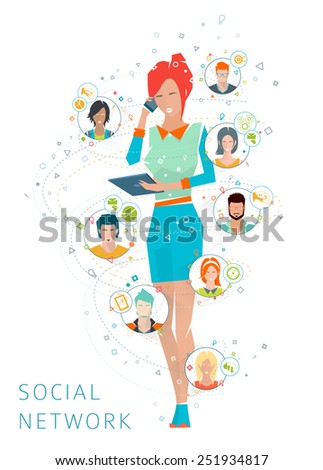Concept of social media network. Women is a connecting element between people. Long-distance administration and management. Collaboration of different people. Vector illustration.