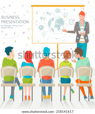 Concept of business meeting / exchange ideas and experience / coworking people / collaboration and discussion / presentation / vector illustration.