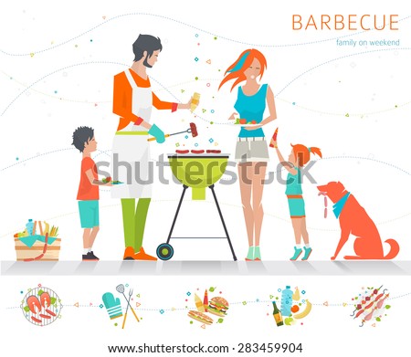 Family on weekend. Barbecue party. Summer outdoor activity. Vector flat illustration.
