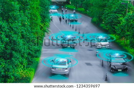 Intelligent car,Autonomous driving,artificial intelligence(AI),sensing system,wireless detect moving objects and people,concept future vehicle safety accident reduction in highway internet of things