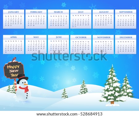 Christmas Landscape, Winter Background, Snowflakes Hills and Snow Illustration 2017 Full Calendar Template, Promotion Poster Vector Design - Week Starts Sunday