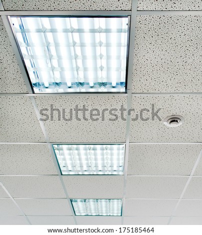 Suspended ceiling with fluorescent lighting and smoke detectors