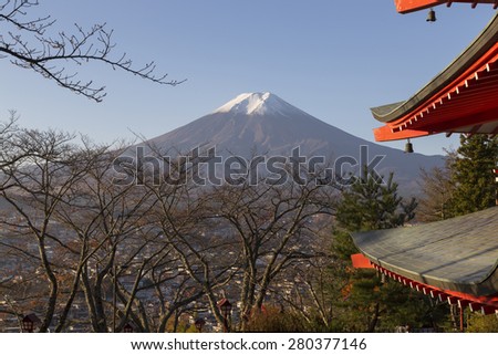 This photo was shot from the area around Mt.Fuji in Autumn. It is time to start snow cap on the top of Mt.Fuji. Chureito pagoda in one of the most famous to visit.